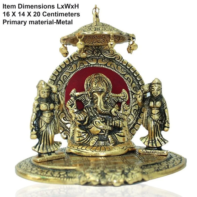 Antique Finish Ganesha Idol with Decorative Arch & Hanging Bells | Indian Handmade Spiritual Statue | Home Decor & Gift #2
