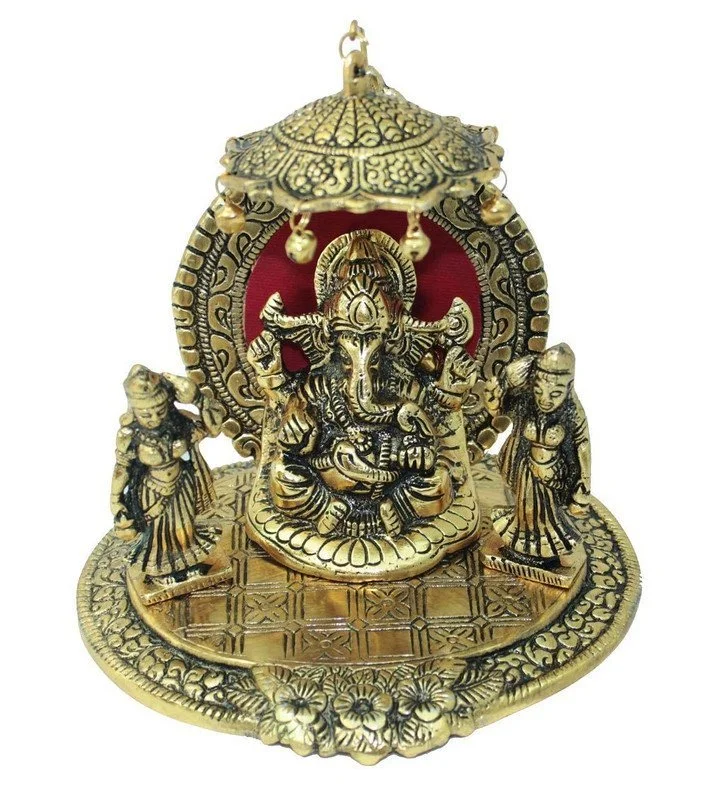 Antique Finish Ganesha Idol with Decorative Arch & Hanging Bells | Indian Handmade Spiritual Statue | Home Decor & Gift #4