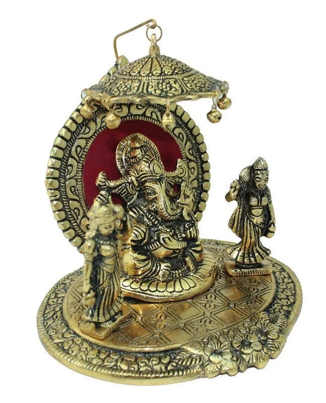 Antique Finish Ganesha Idol with Decorative Arch & Hanging Bells | Indian Handmade Spiritual Statue | Home Decor & Gift #5