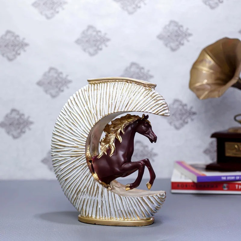 Luxury Horse Sculpture with Circular Gold Frame – Modern Artistic Resin Figurine for Home & Office Decor