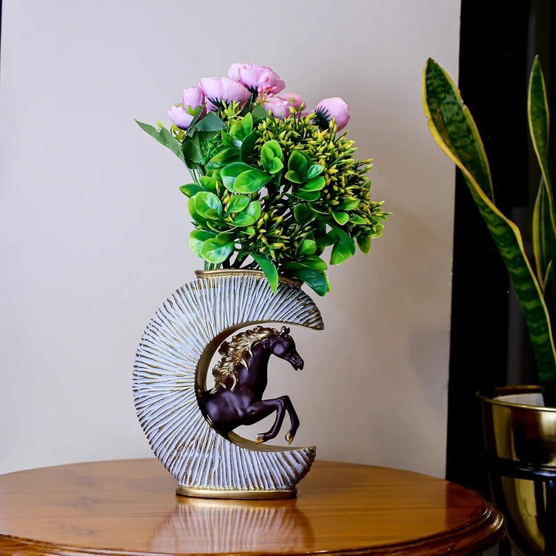 Luxury Horse Sculpture with Circular Gold Frame – Modern Artistic Resin Figurine for Home & Office Decor