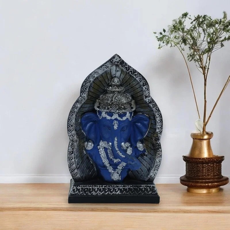 Royal Blue Lord Ganesha Idol with Decorative Arch – Handcrafted Resin Statue for Home Décor, Spiritual Space & Gift