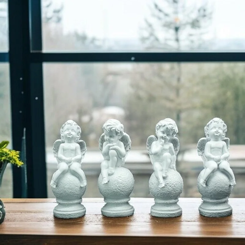 Set of 4 Mini Angel Figurines – White Resin Cherub Statues for Home Décor, Shelf Decoration & Gift