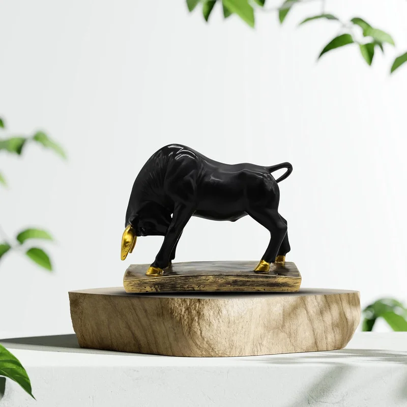 Modern Black Bull Statue with Gold Accents – Resin Animal Figurine for Home Décor, Office Desk & Gift #2