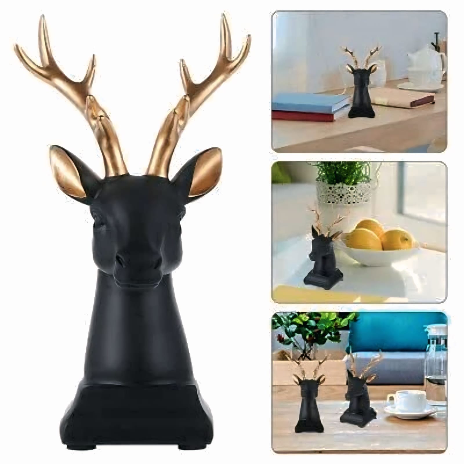 Luxury Black Deer Head Sculpture with Golden Antlers – Modern Home & Office Decor #3