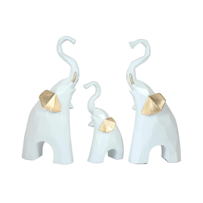 White Elephant Figurine Set: Gold Accent Resin Sculpture, Good Luck Decor