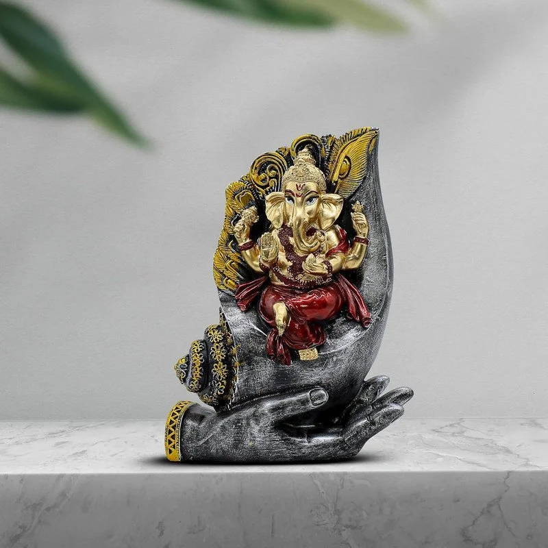 Ganesa Statue on Conch Shell: Black and Red Metal Home and office Decor Gift