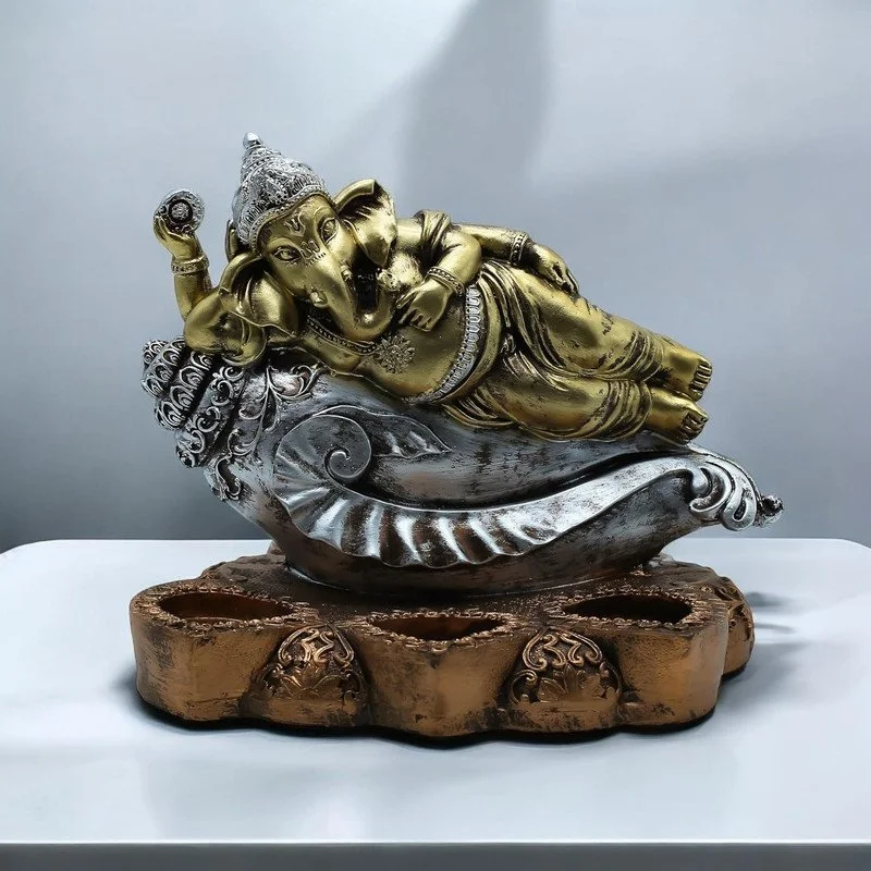 Gold & Silver Ganesha Statue on Conch Shell: Hindu God Figurine