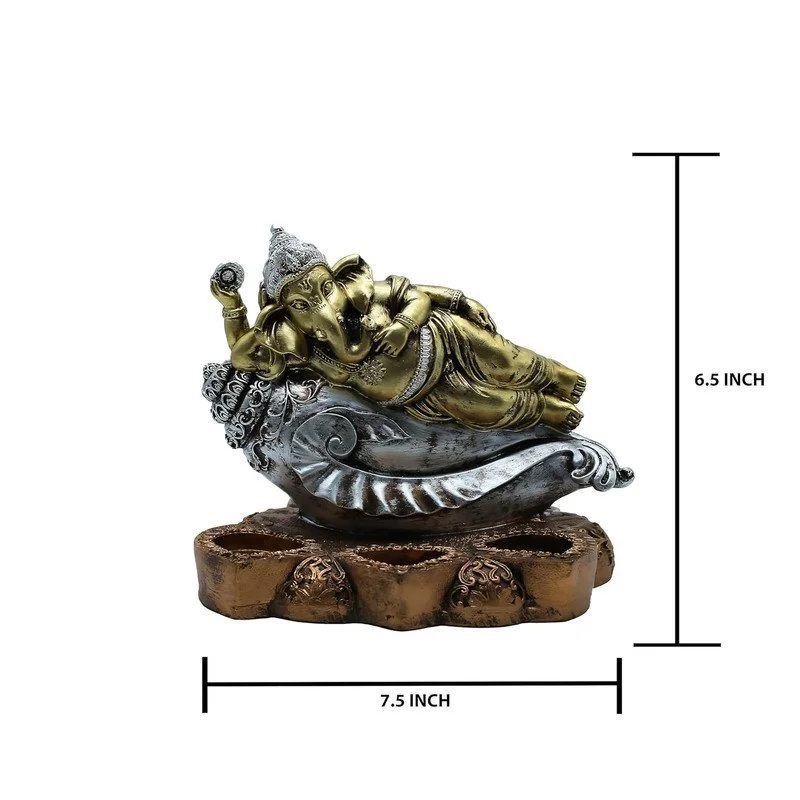 Gold & Silver Ganesha Statue on Conch Shell: Hindu God Figurine #2