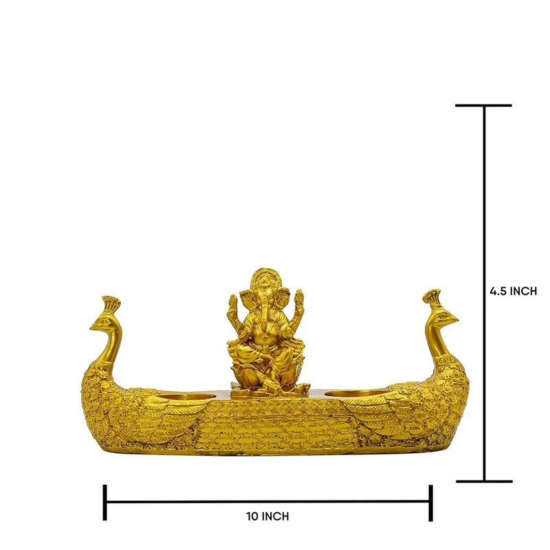 Lord Ganesha Idol with Peacock Diya Stand: Golden Polyresin Ganpati Home Decor #2