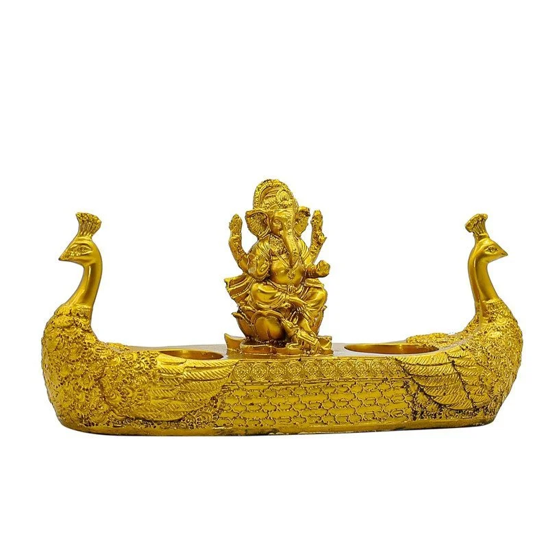 Lord Ganesha Idol with Peacock Diya Stand: Golden Polyresin Ganpati Home Decor #3