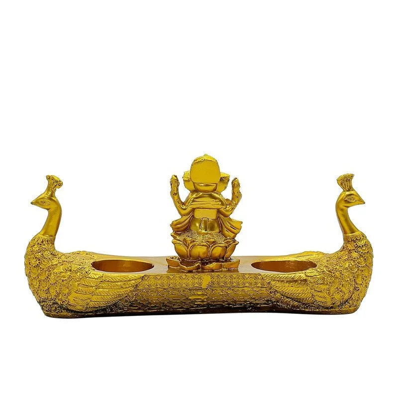 Lord Ganesha Idol with Peacock Diya Stand: Golden Polyresin Ganpati Home Decor #4