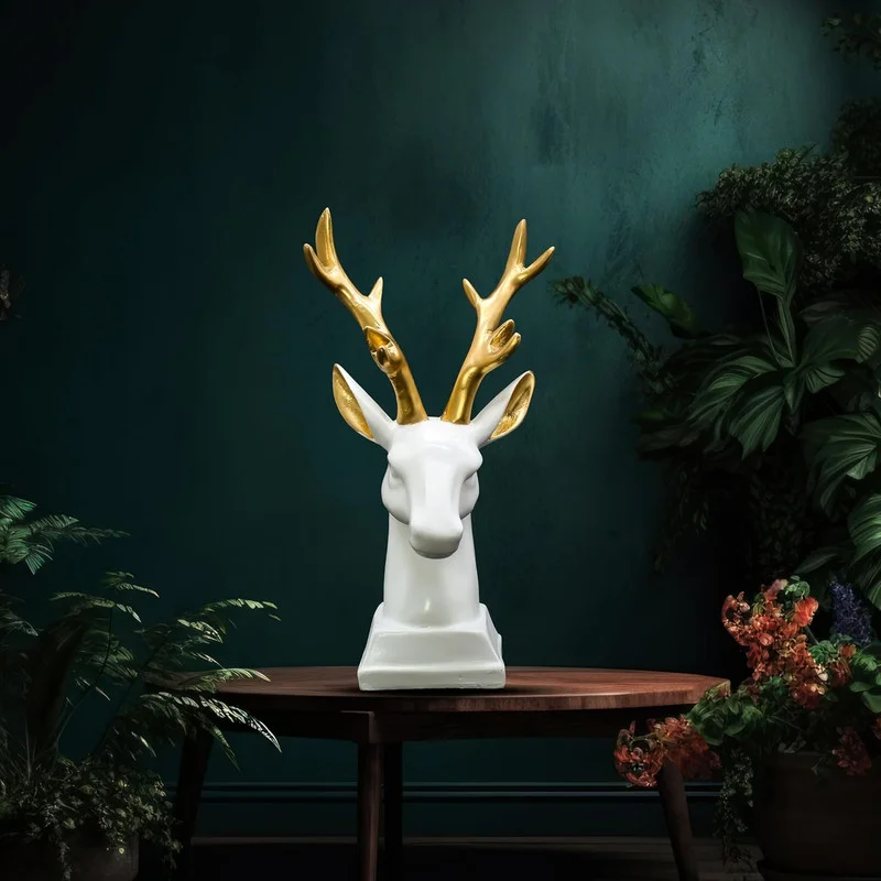 White Resin Deer Bust: Gold Antlers, Modern Home Decor