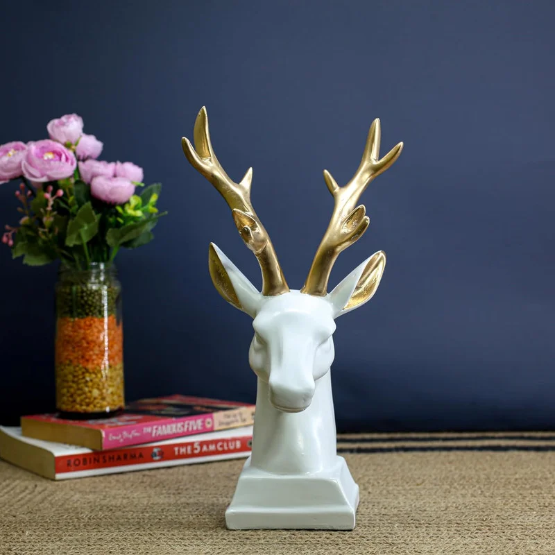White Resin Deer Bust: Gold Antlers, Modern Home Decor #2