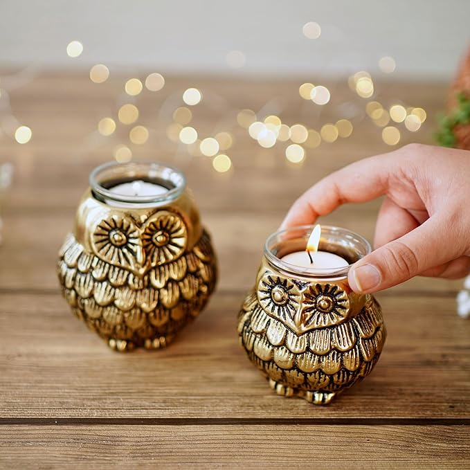 Owl Votive Candle Holder Set: Metal Mother & Child Statue #2
