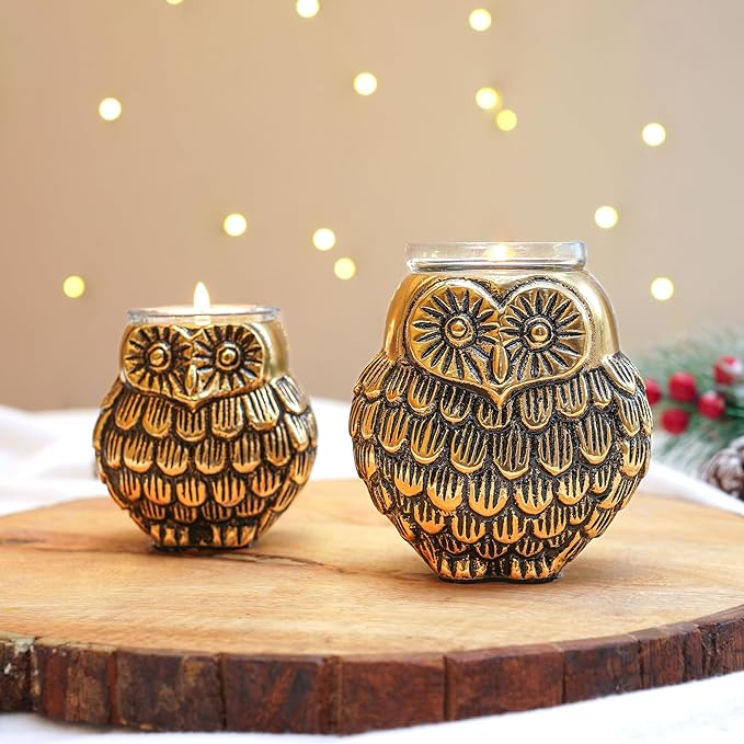 Owl Votive Candle Holder Set: Metal Mother & Child Statue #2
