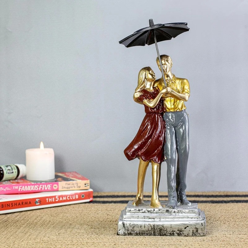 Romantic Couple Under Umbrella Resin Sculpture Hand Painted Love Statue, Anniversary & Valentine’s Day