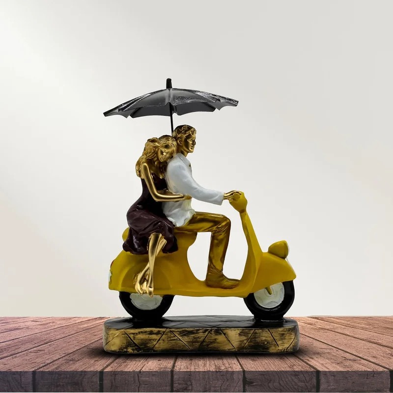 handicraft gift item Romantic Couple Riding Yellow Scooter Statue – A Symbol of Love and Adventure