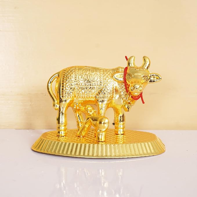 Golden Cow and Calf Idol – Kamdhenu Cow Statue for Home Décor, पूजा & Spiritual Gift