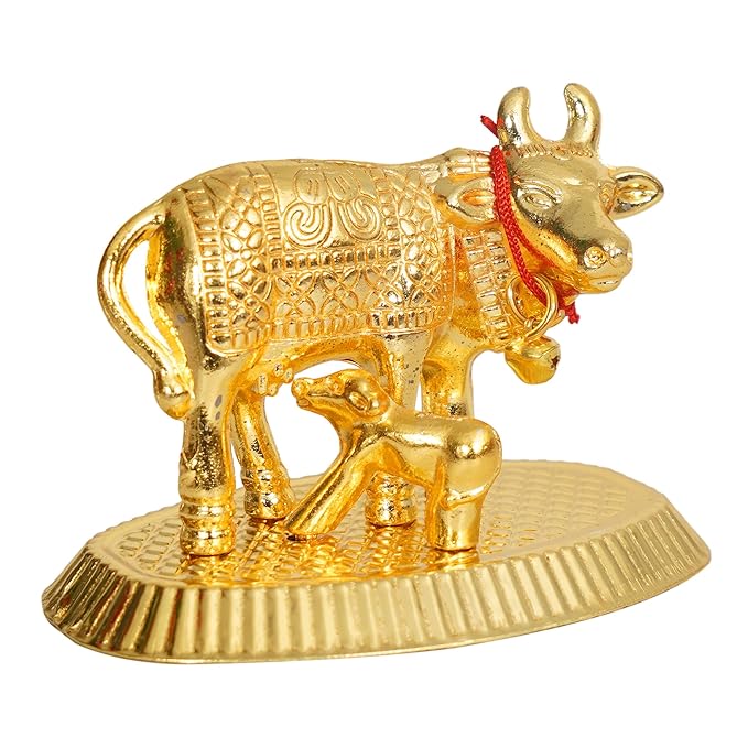 Golden Cow and Calf Idol – Kamdhenu Cow Statue for Home Décor, पूजा & Spiritual Gift #3