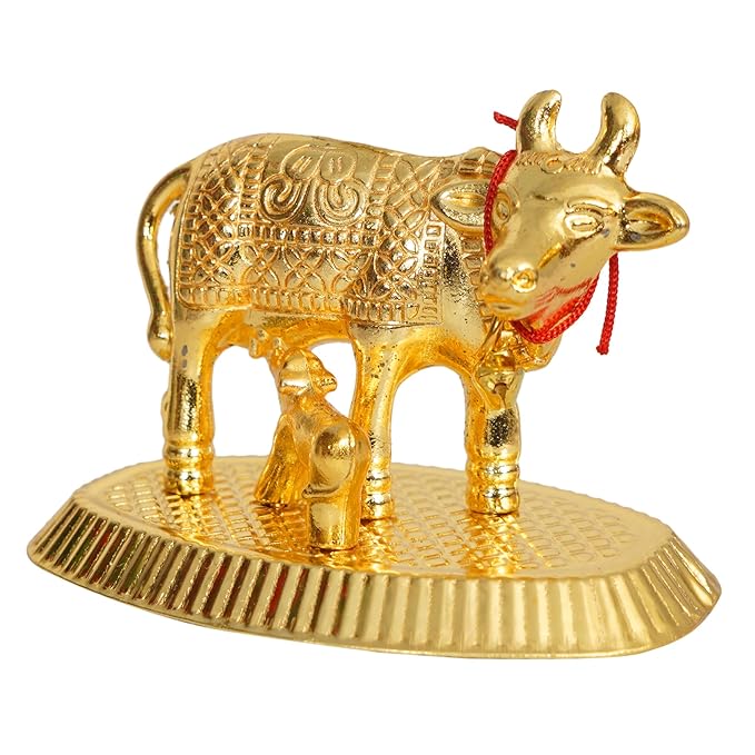 Golden Cow and Calf Idol – Kamdhenu Cow Statue for Home Décor, पूजा & Spiritual Gift #4