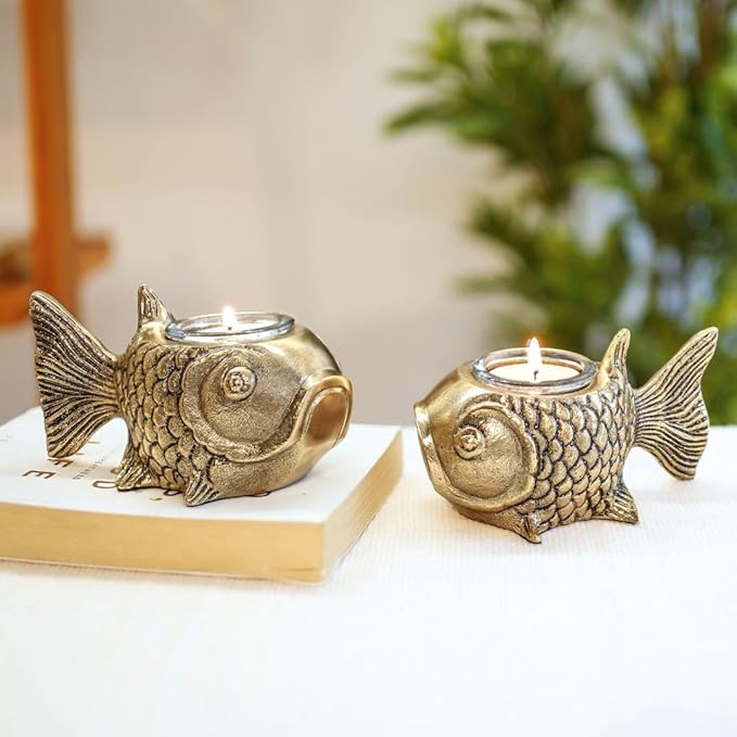 Home And Office Table Decor Fish Aluminum Figurine with Votive Good Luck and Success