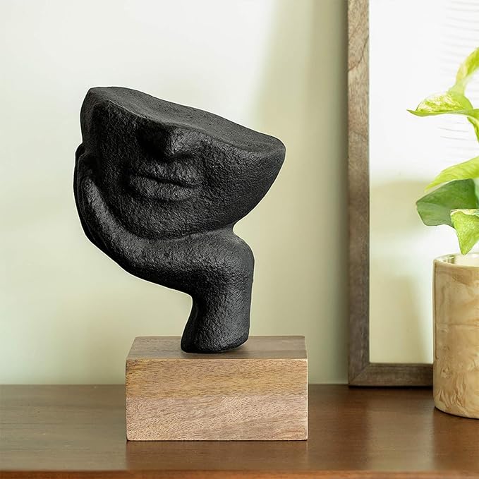 Abstract Hand Face Sculpture – Modern Black Resin Art Statue for Home Décor, Office Desk & Gift