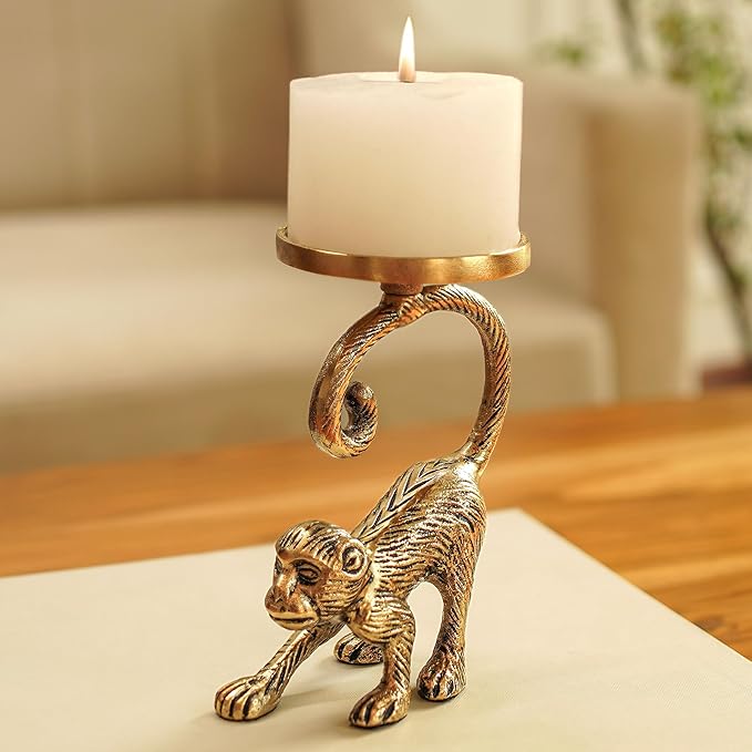 Brass Finish Metal Monkey Candle Holder: Quirky Home Decor
