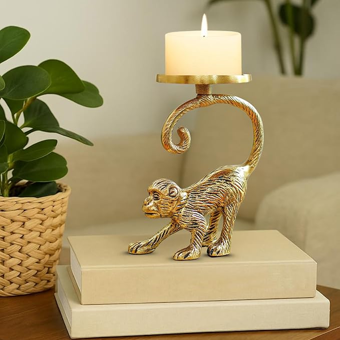 Brass Finish Metal Monkey Candle Holder: Quirky Home Decor